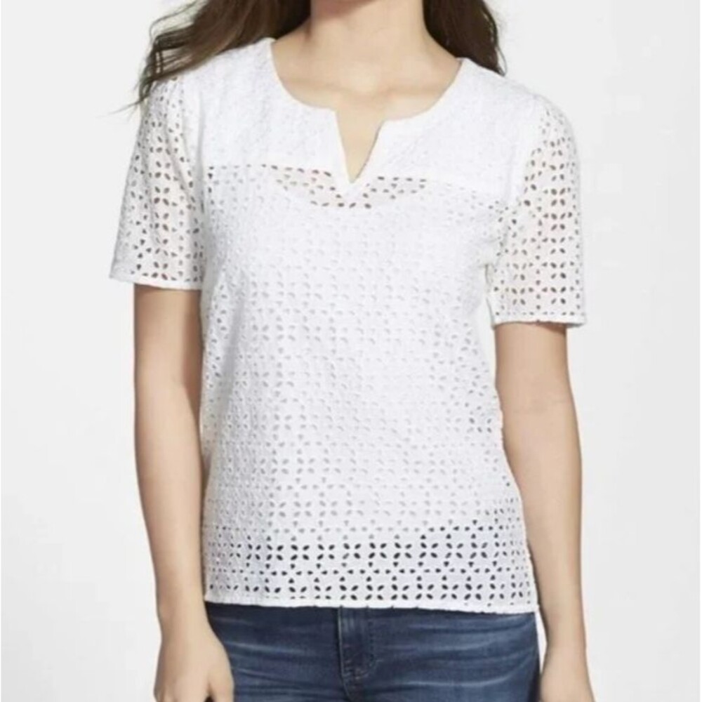 Lucky Brand White Eyelet Split-Notch Short Sleeve Top